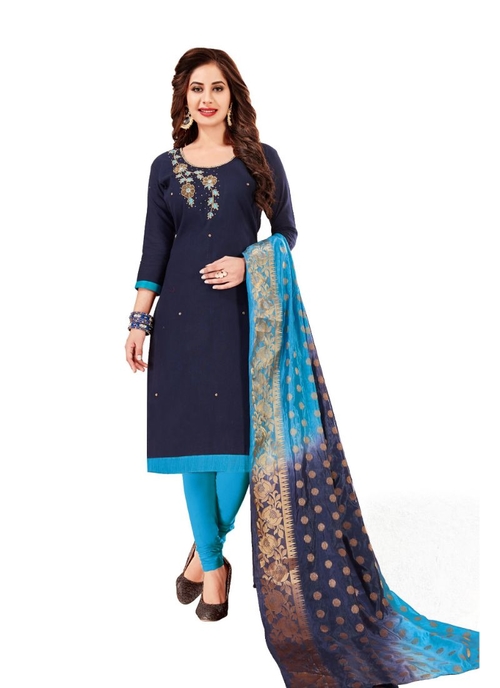 Generic Women's Slub Cotton Salwar Material (Navy