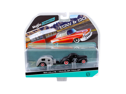 1941 Willys Matt Black and Traveler Trailer Tow & Go 1/64 Diecast