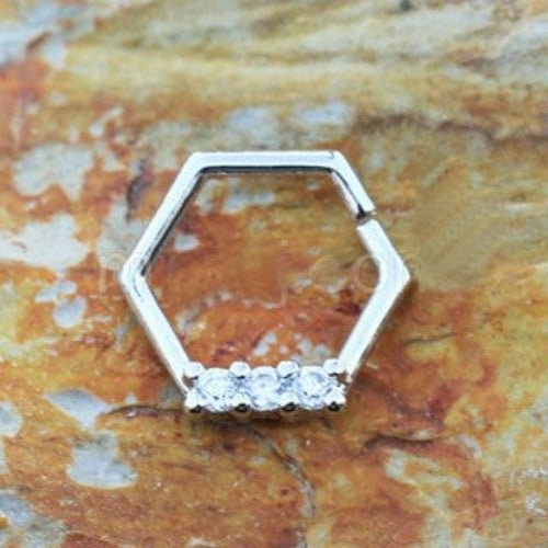 316L Stainless Steel Multi Jeweled Hexagon Captive Bead Ring /