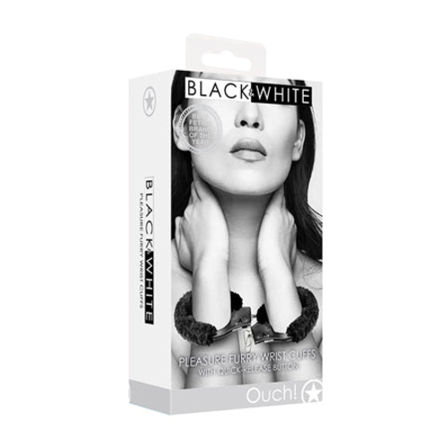 Ouch! Black & White Beginner Pleasure Furry Wrist Cuffs With