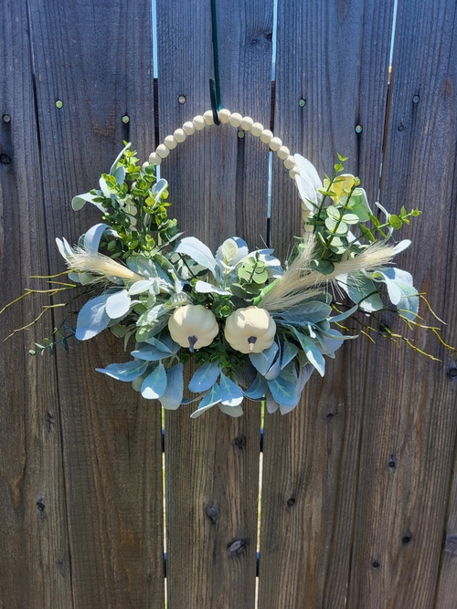 Wooden Beaded Faux White Pumpkin Eucalyptus and Lambs Ear Small Wreath