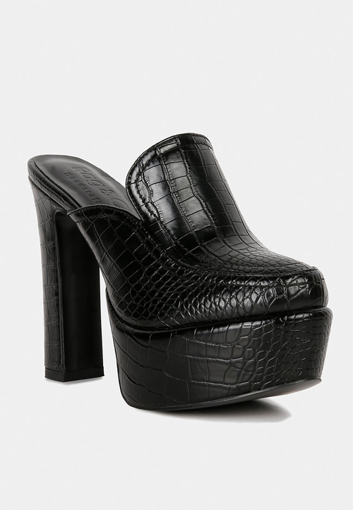 Bauhaus Croc Pattern Heeled Platform Mules