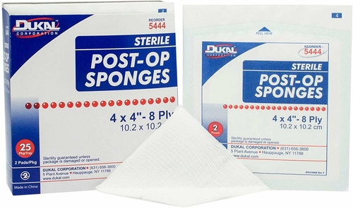 Post-Op Sponges 4" x 4". Case of 1200 8-ply Gauze Faced Sponge for