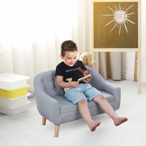 Qaba 2-Seat Linen Fabric and Wooden Frame Sofa for Kids and Toddlers