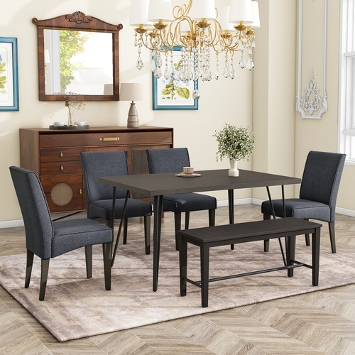 Modern 6-Piece Dining Table Set with V-Shape Metal Legs, Wood Kitchen