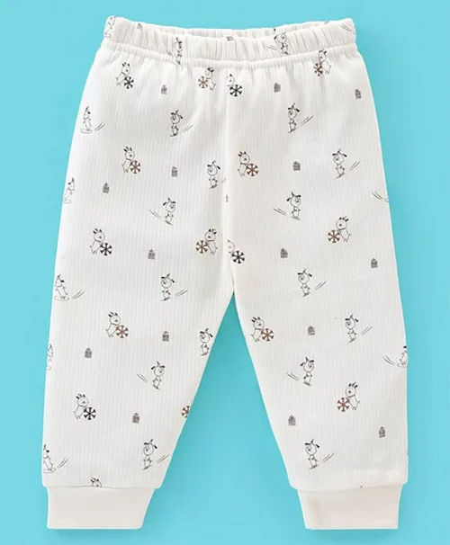 Cotton Thermal Full Length Inner Bottom Wear Bear Print - Cream