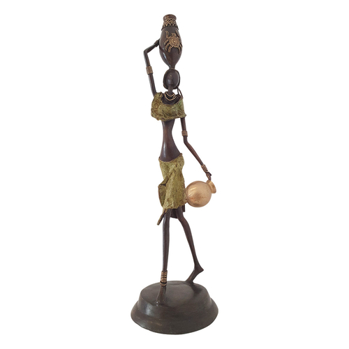 West African Hand Cast Bronze Statue of a Woman in Yellow Balancing