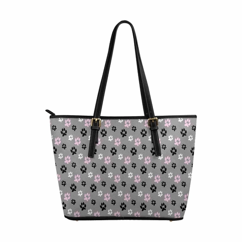 Large Leather Tote Shoulder Bag - Tri-color Paws Grey Tote