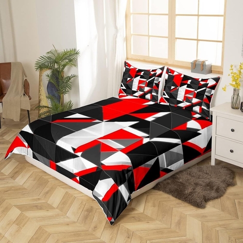Red Grey and Black Duvet Cover Geometric Triangle Bedding Set for Kids