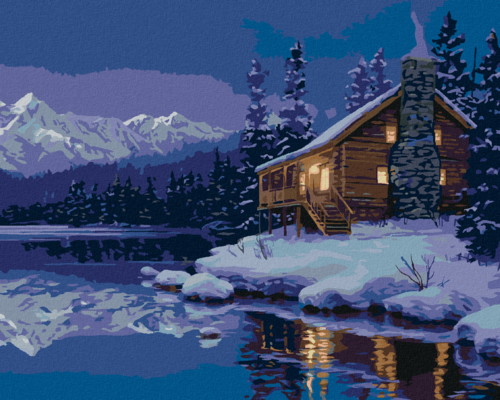 Zuty - Paint by Numbers - CABIN BY THE LAKE IN WINTER AND MOUNTAINS