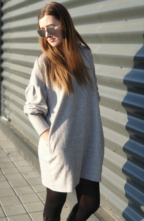 Gray Autumn Winter Long Lantern Sleeve Knitted Sweatshirt Dress