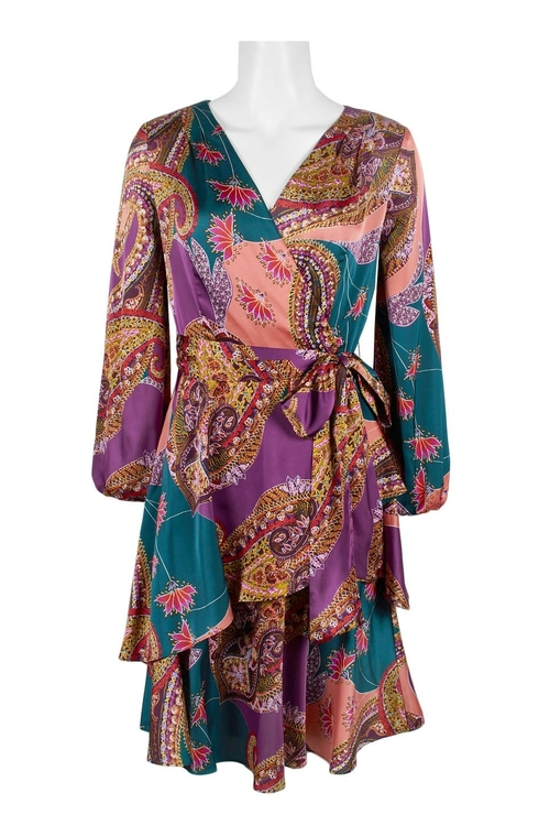 Tahari ASL V-Neck Tie Side Long Sleeve Zipper Back Paisley Print Satin