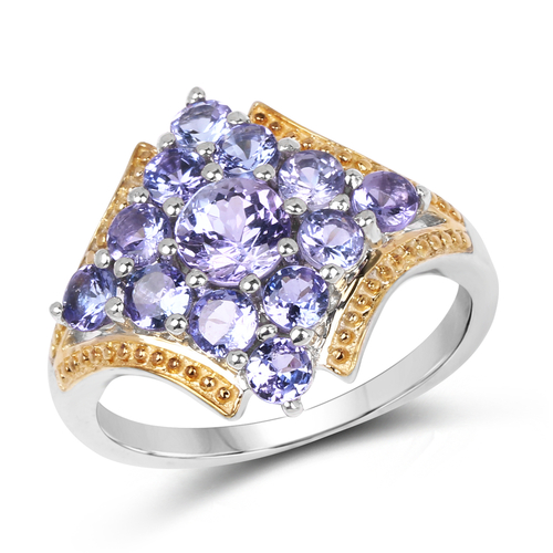 Two Tone Plated 1.67 Carat Genuine Tanzanite .925 Sterling Silver Ring