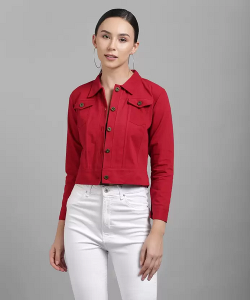Women Solid Light Weight Casual Short Jacket (Color Maroon Red) (Size