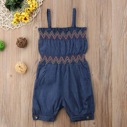 Toddler Kids Girls Strap Denim Blue Romper