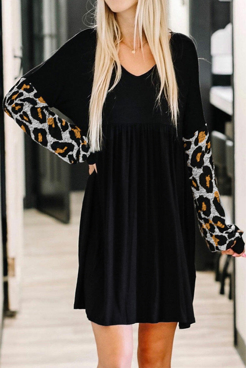 Leopard Splicing Ruffled V-neck Long Sleeve Mini Dress