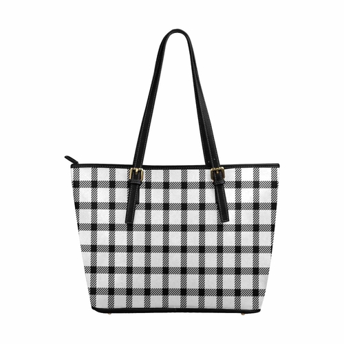 Large Leather Tote Shoulder Bag - Buffalo Plaid Black and White