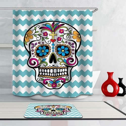 Sugar Skull Over Turquoise Waves Shower Curtain