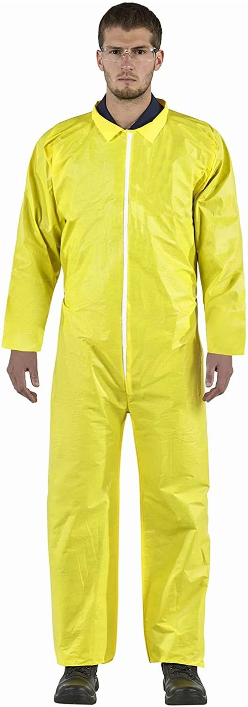 5 Pack Disposable Hazmat Suits X-Large. Yellow Disposable Coveralls.