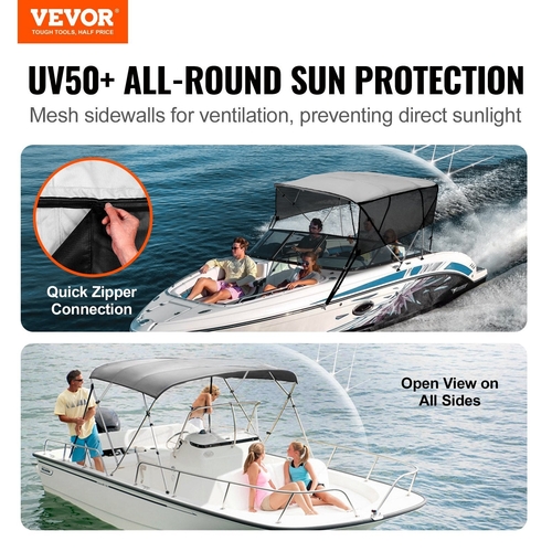 VEVOR 4 Bow Bimini Top Boat Cover, Detachable Mesh Sidewalls, 600D