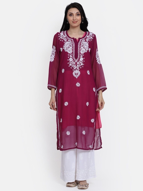 Hand Embroidered Georgette Straight Kurta Third Fourth Sleeve (Size-S)