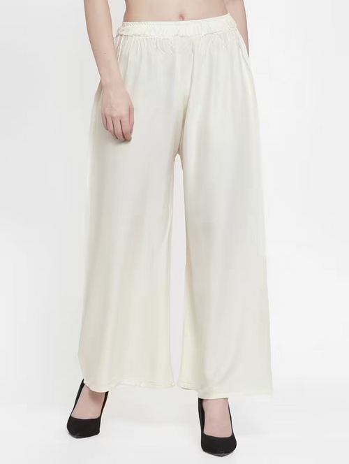 Womens Crepe Self Design Palazzo Pants     (SIZE-S) (COLOR-WHITE)