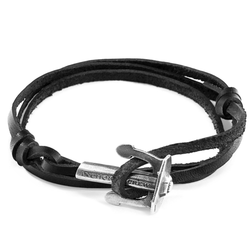 Coal Black Union Anchor Silver & Flat Leather Bracelet