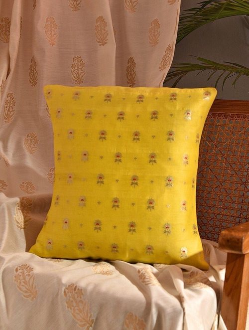Yellow Chanderi Banarasi Cushion Cover (Size 24 x 16 Inch)
