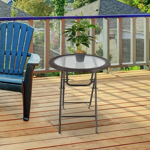 Outsunny Folding Round Tempered Glass Metal Table with Brown Rattan