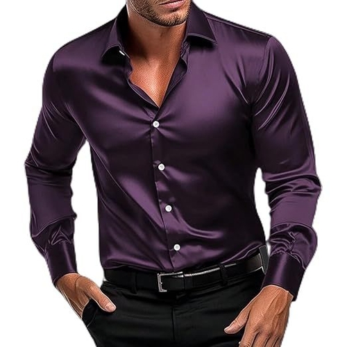 Men Regular Fit Full Sleeve Satin Silk Shirt (Size-2XL) (Color-PURPLE)