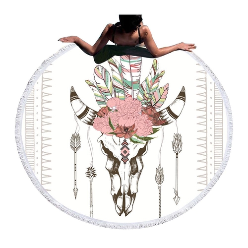 Bull Head Skull Round Beach Towel Feathers Floral