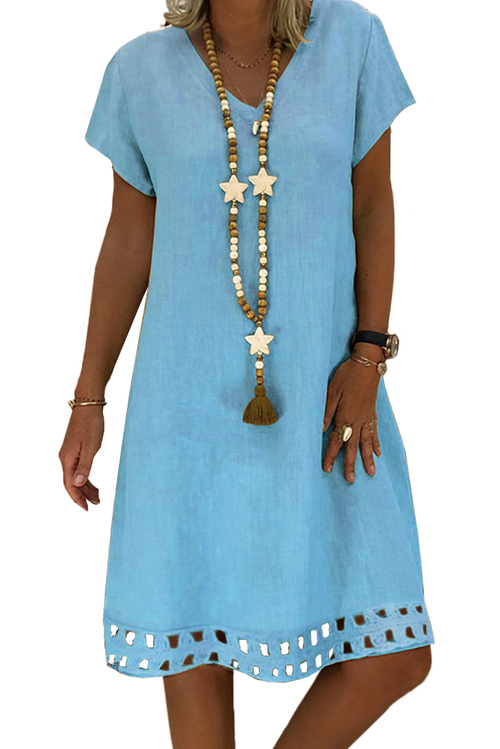 Sky Blue Short Sleeve V Neck A-Line Casual Shirt Dress