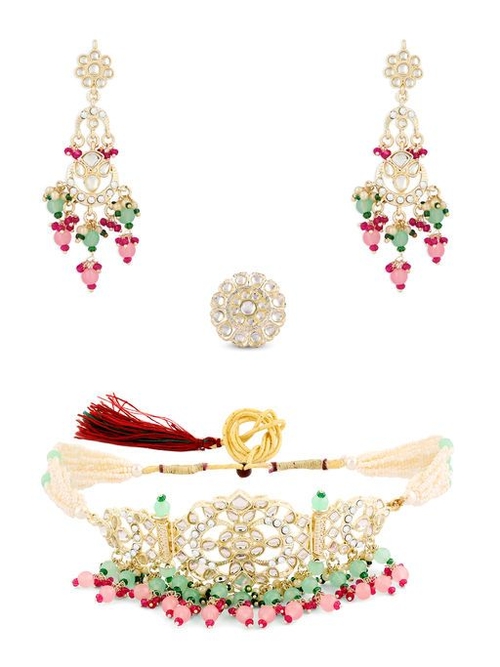 Pink Green Multistrand Choker Necklace Earring and Ring Set