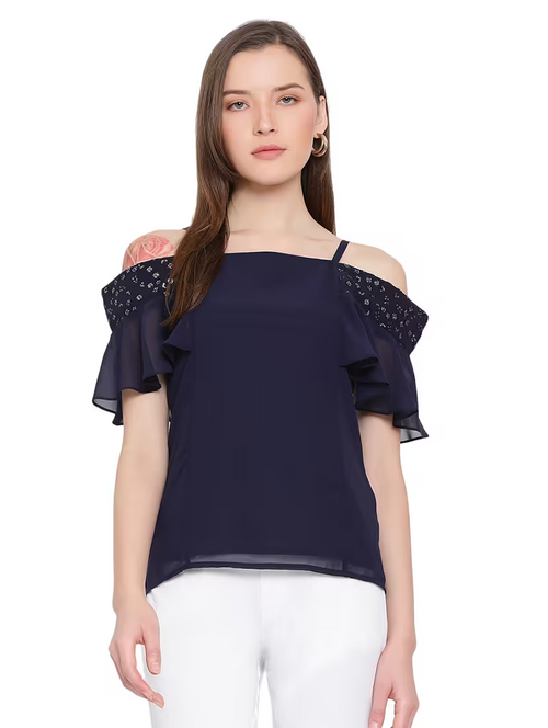 Women'S Straight Shoulder Strap Top (Size-L) (Color-Navy Blue )