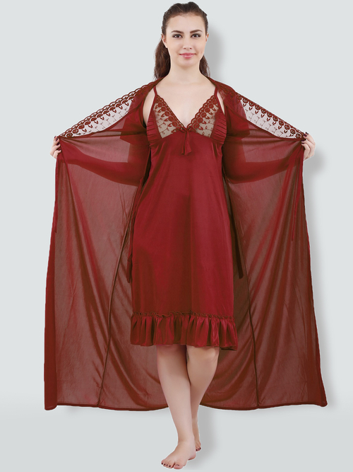 Romaisa Women's Satin Solid Maroon Nighty with Robe
