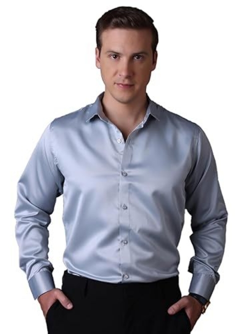 Men Regular Fit Full Sleeve Satin Silk Shirt (Size-2XL) (Color-LIGHT