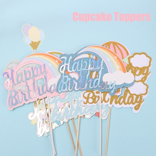 Fashion Air Balloon Rainbow Cake Toppers Happy