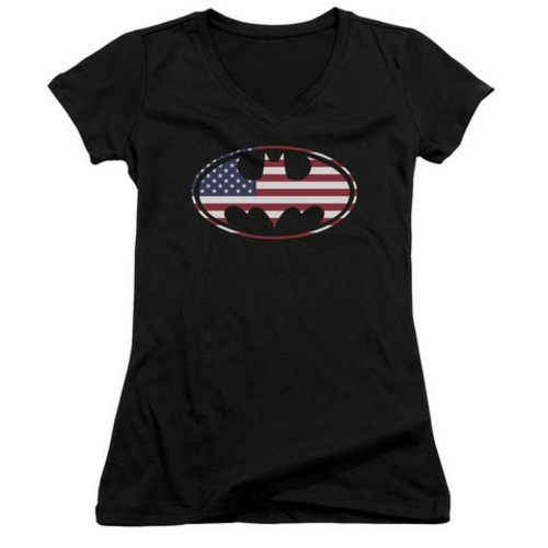 Trevco Batman-American Flag Oval - Junior V-Neck Tee - Black- Extra La