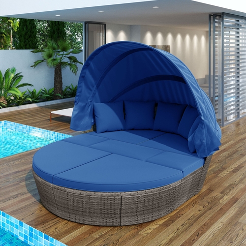 Outdoor rattan daybed sunbed with Retractable Canopy Wicker Furniture,