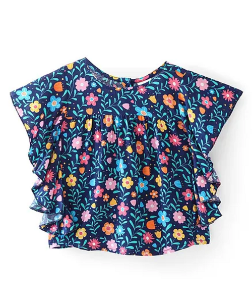 Cotton Knit Half Sleeves Top With Frill Detailing & Floral Print- Navy