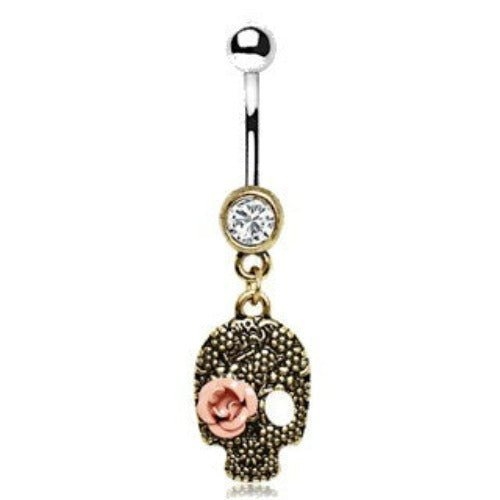 Pink Rose Skull Dangle Navel Ring