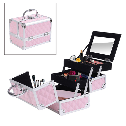 HOMCOM 3 Tier Diamond Texture Makeup Train Case Cosmetic Organizer