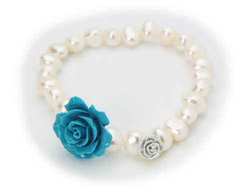 Fronay 212292B Powder Blue Ceramic Rose Fresh Water Pearl Stretch Brac