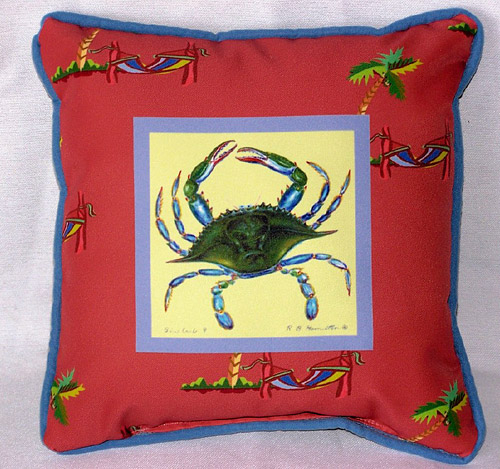 Betsy Drake SN004 Blue Crab- Coral Small Outdoor-Indoor Pillow 12&quot