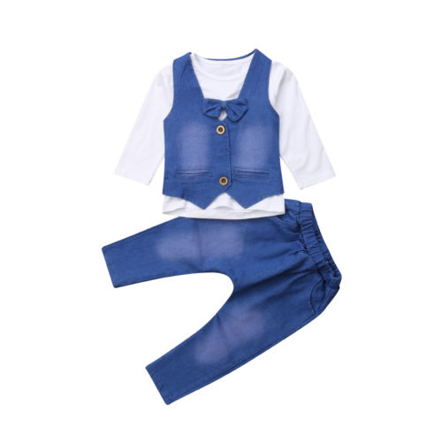 Newborn Kids Baby Girl Boy Bow Tie Tops+Denim