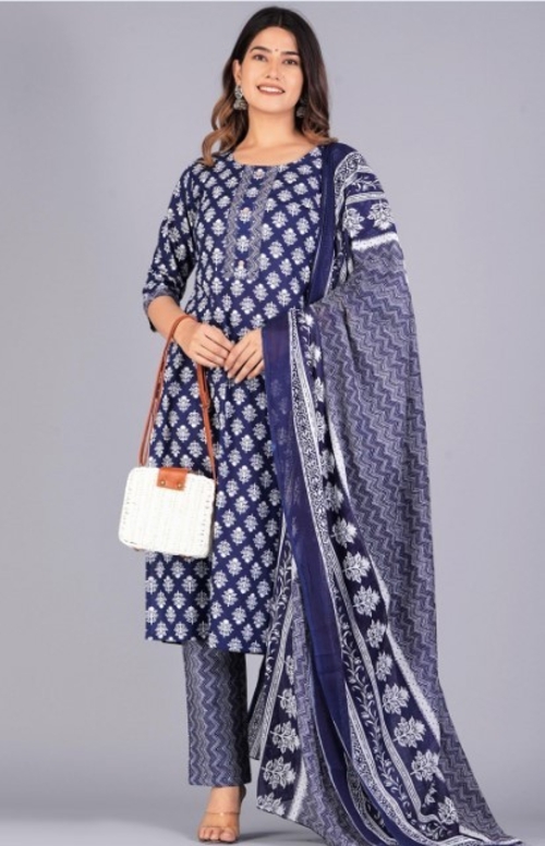 Ethnic Motifs Printed Pure Cotton Kurta With Trousers & Dupatta