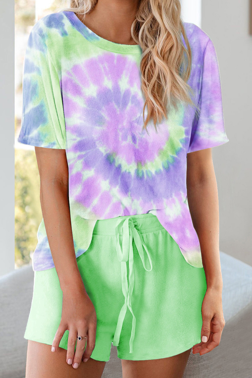 Green Tie Dye Printed Short Lounge Set