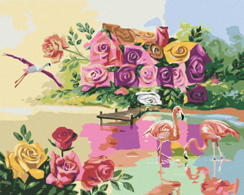 Zuty - Paint by Numbers - FLAMINGOS AT THE HOUSE OF ROSES (D. RUSTY