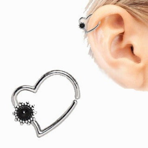 316L Stainless Steel Black Flower Heart Annealed Cartilage Earring