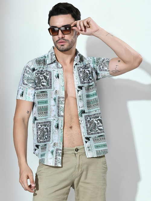 Bandana Printed Half Sleeves Casual Shirt-Green Shade (Size-M)